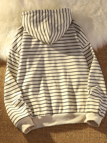Getadme-Women Korean Style Hoodies For Girls Top Vintage stripe Long Sleeve Oversized Hooded Sweatshirt Jacket Casual Large Coats